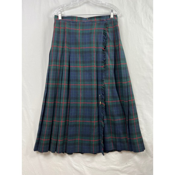 Talbots Dresses & Skirts - Talbots Kilt Skirt Women 14 Green Blue Plaid Wool Pleated Wrap Fringed USA Made
